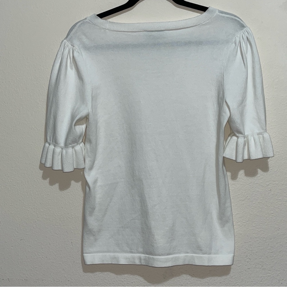 CeCe Crystal Bow Front Ruffle Cuff Sweater Top White Black Coquette Casual M - Picture 9 of 15